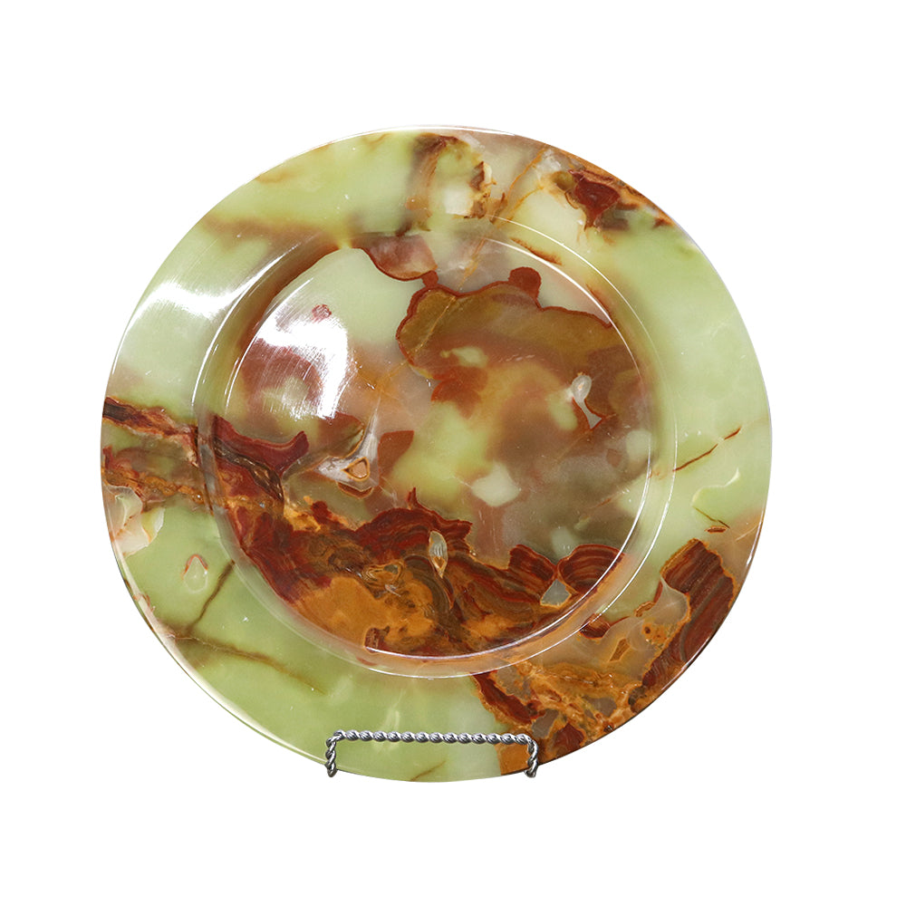 Decorative Marble Plate, 12 Inch Round, Moss Green and Brown Swirl Pattern, 3.7 lbs