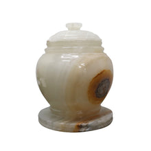 Load image into Gallery viewer, Decorative Marble Urn with Lid, White Onyx with Brown Swirl Pattern, 10.5&quot; H x 8.25&quot; W, 17.25 lbs
