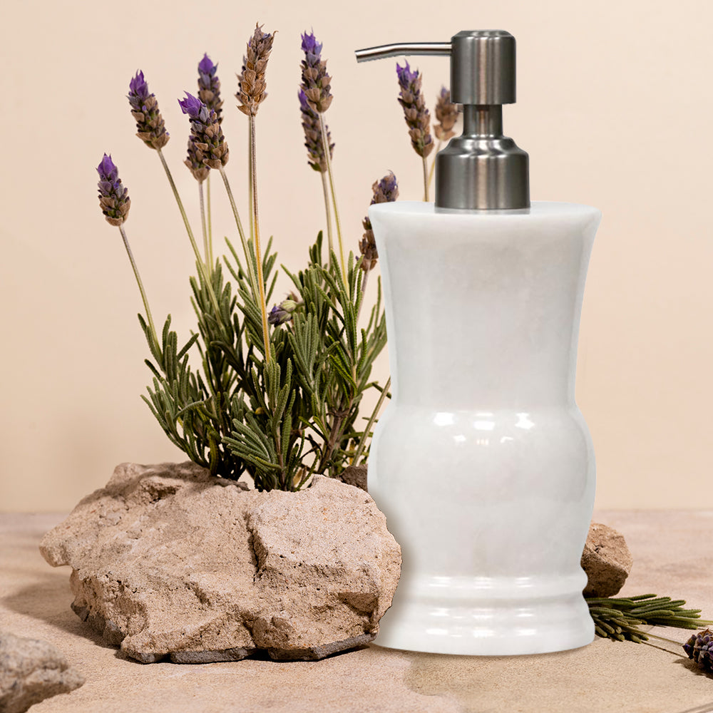 Modern White Marble Soap Dispenser with Refillable Bottle, Alabaster White