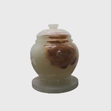 Load and play video in Gallery viewer, Decorative Marble Urn with Lid, White Onyx with Brown Swirl Pattern, 10.5&quot; H x 8.25&quot; W, 17.25 lbs
